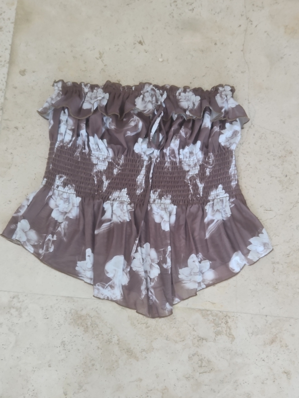 Acoa Smocked Floral Off-Shoulder Tube Top in Taupe and White